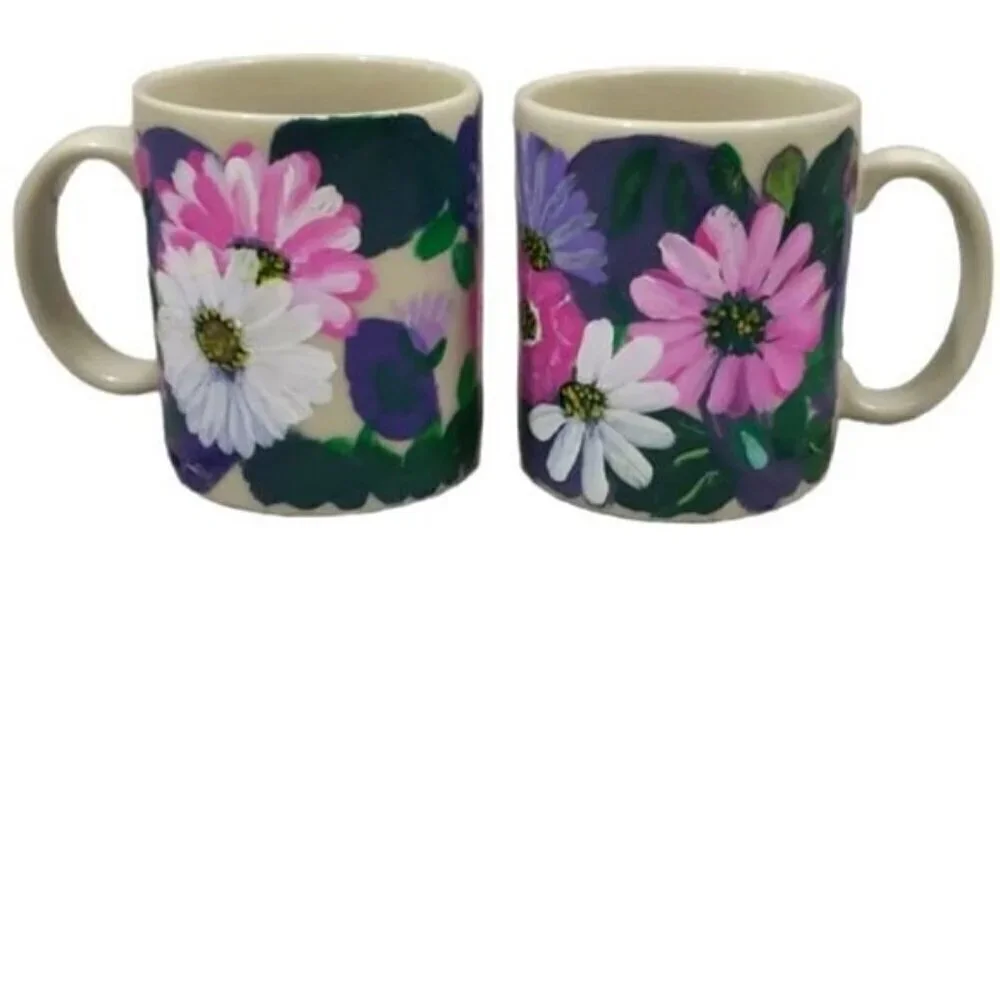 Vintage Handpainted Watercolor Colorful Floral Set of 2 Coffee Mugs